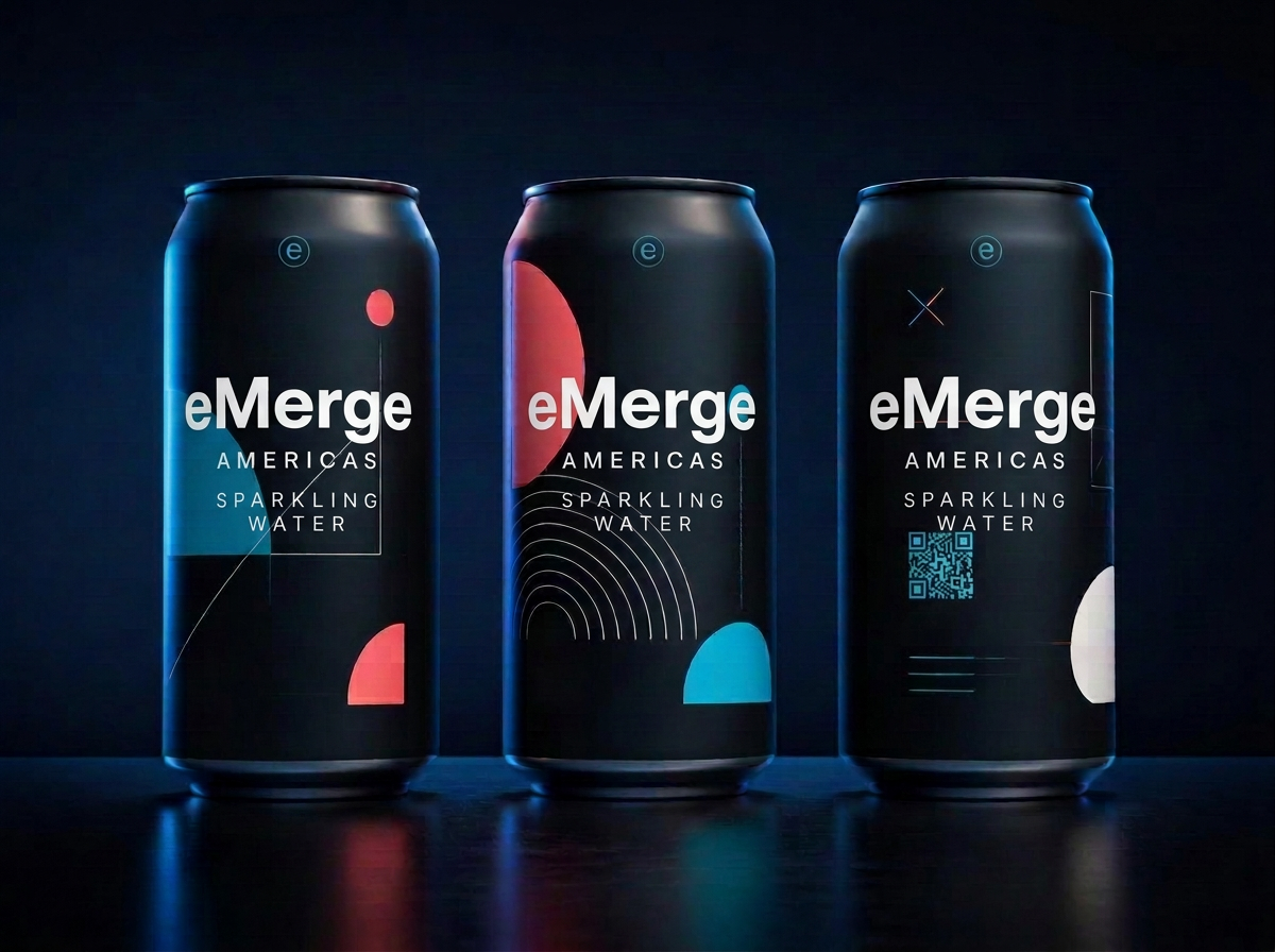 A series of branded eMerge Americas cans
